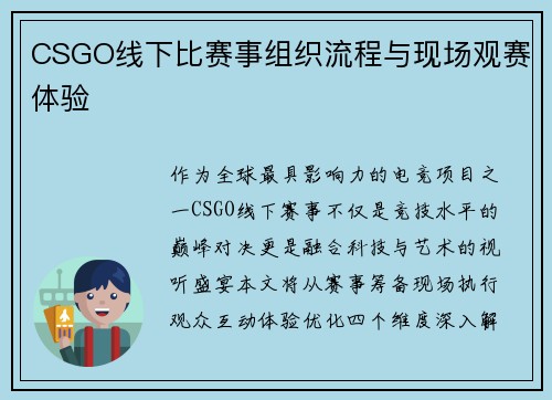 CSGO线下比赛事组织流程与现场观赛体验