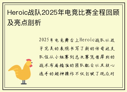 Heroic战队2025年电竞比赛全程回顾及亮点剖析
